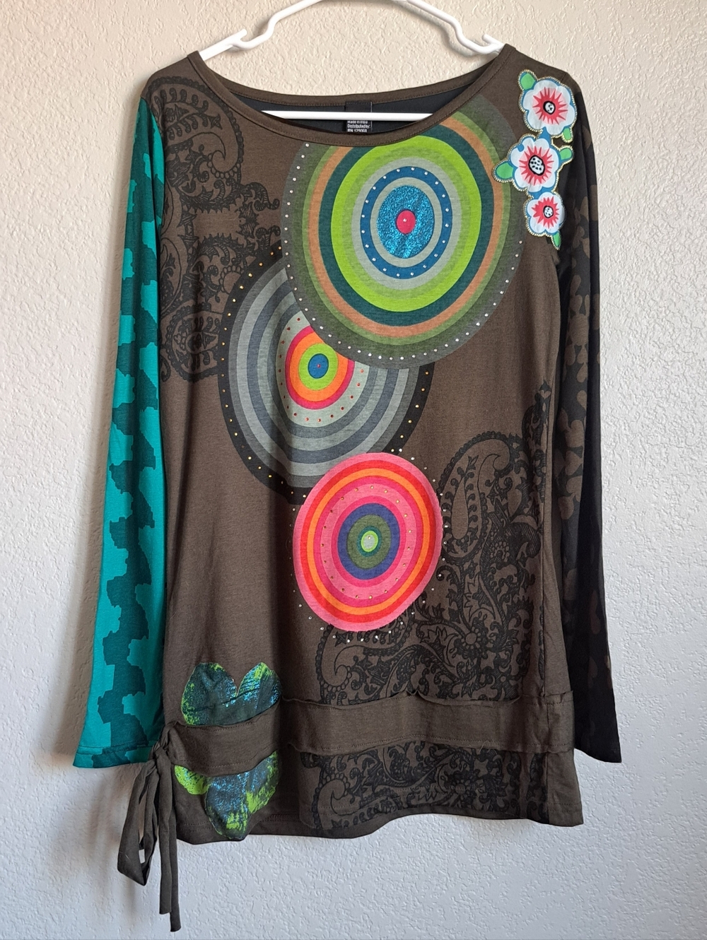 Desigual Vintage Y2K Grunge Abstract Floral Rhinestone Tie Waist Top Size Large